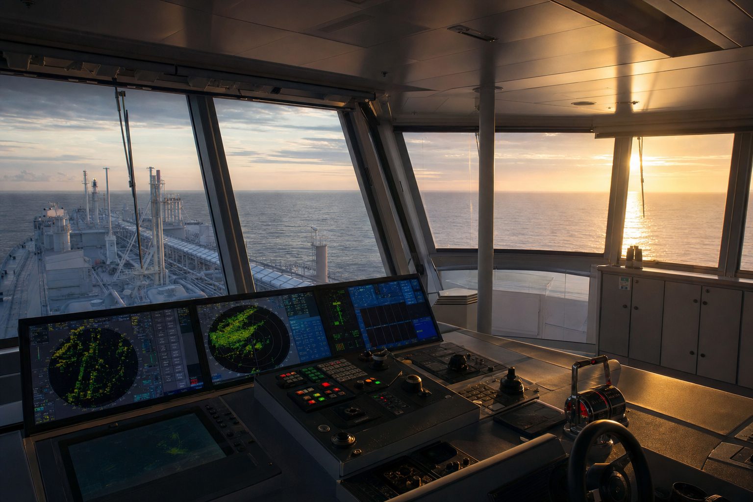 Bridge of a gas carrier at dawn