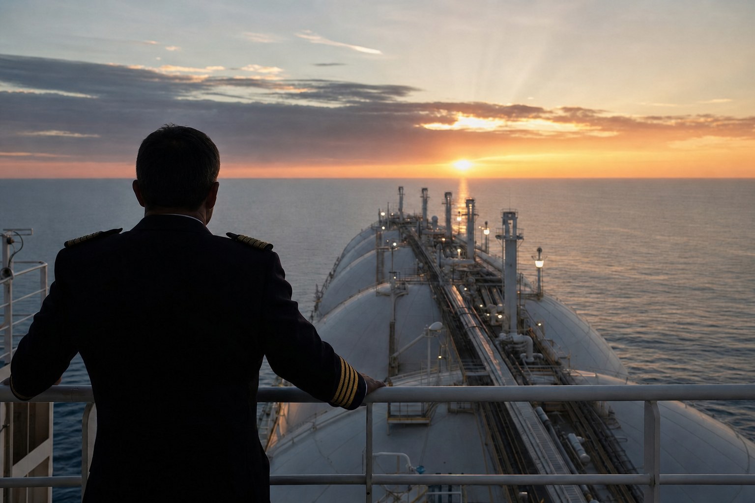 Ship's captain on the bridge wing of a gas carrier at dawn