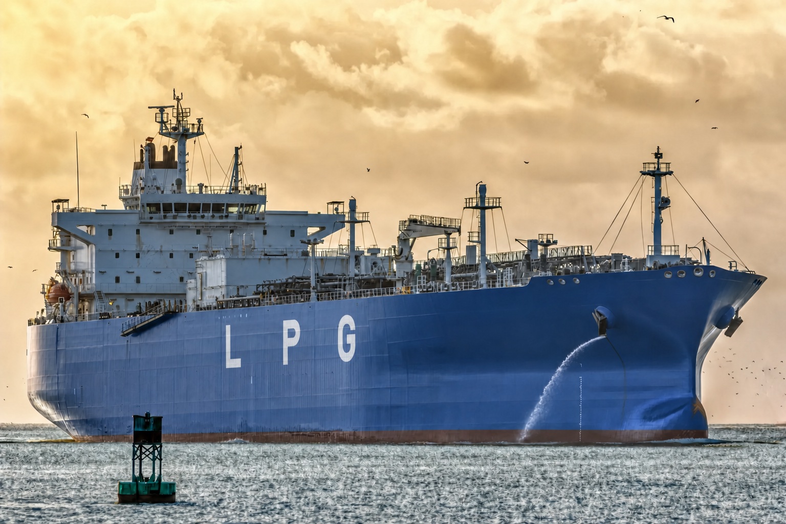 LPG carrier bow-on at golden hour