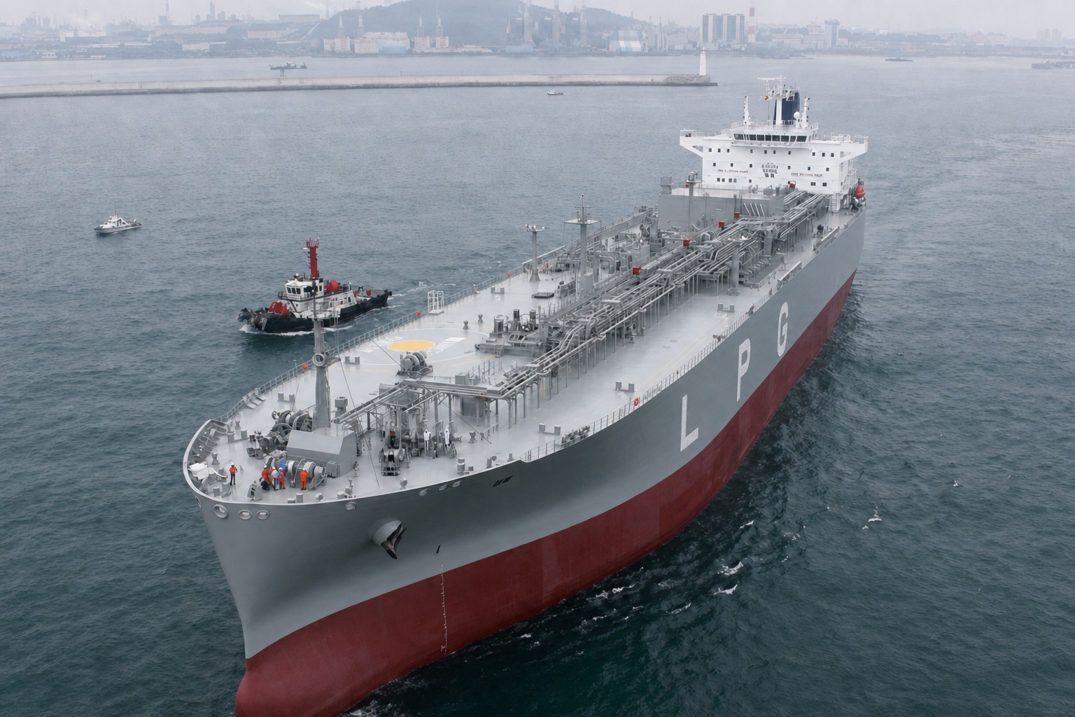 LPG carrier with harbor tug alongside